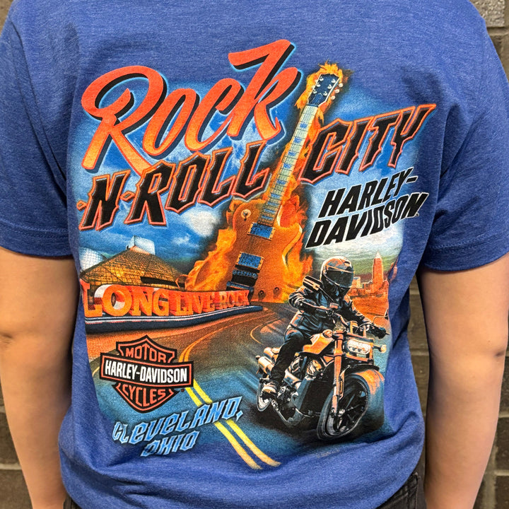 Rock-N-Roll City Flaming Guitar Short Sleeve T-Shirt Heather Royal Blue