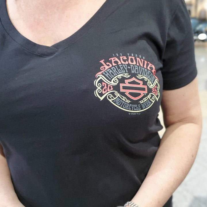 Laconia Motorcycle Week '25 Flourish Women's V-Neck T-Shirt Black