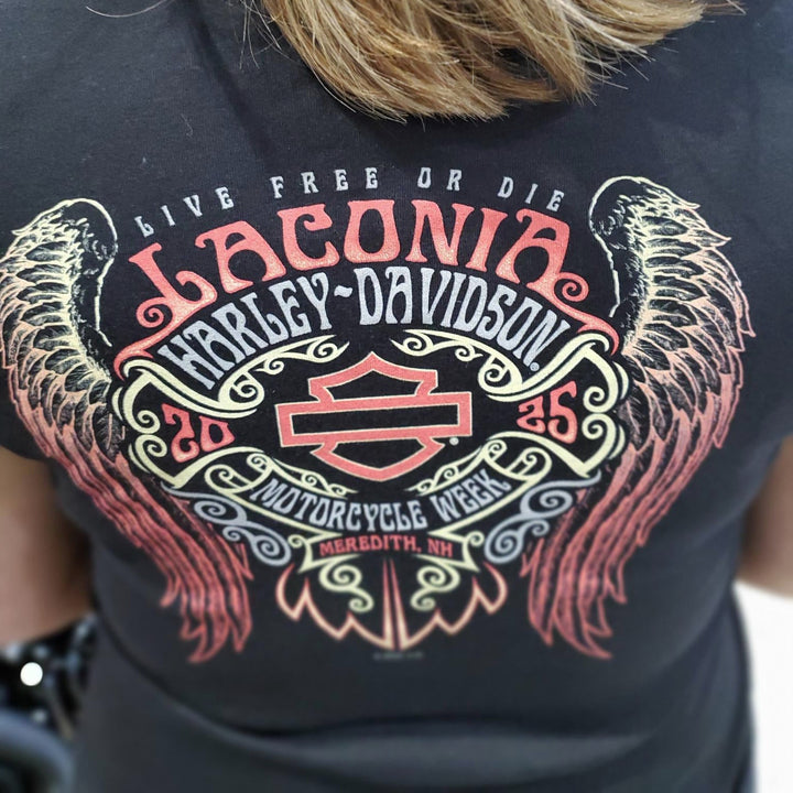 Laconia Motorcycle Week '25 Flourish Women's V-Neck T-Shirt Black
