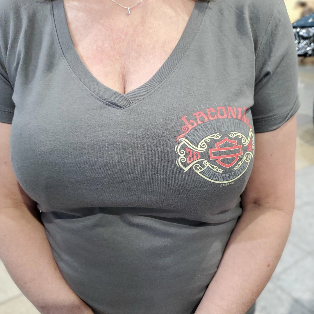 Laconia Motorcycle Week '25 Flourish Women's V-Neck T-Shirt Charcoal