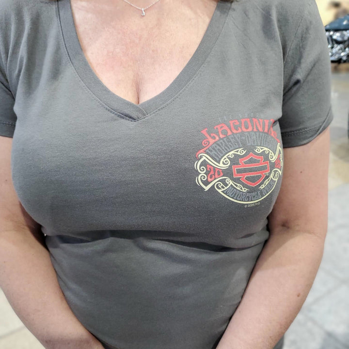 Laconia Motorcycle Week '25 Flourish Women's V-Neck T-Shirt Charcoal