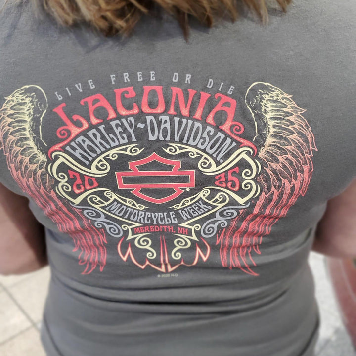 Laconia Motorcycle Week '25 Flourish Women's V-Neck T-Shirt Charcoal