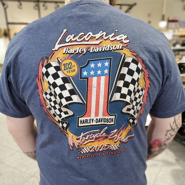 Laconia Motorcycle Week '25 Racer #1 T-Shirt Heather Navy