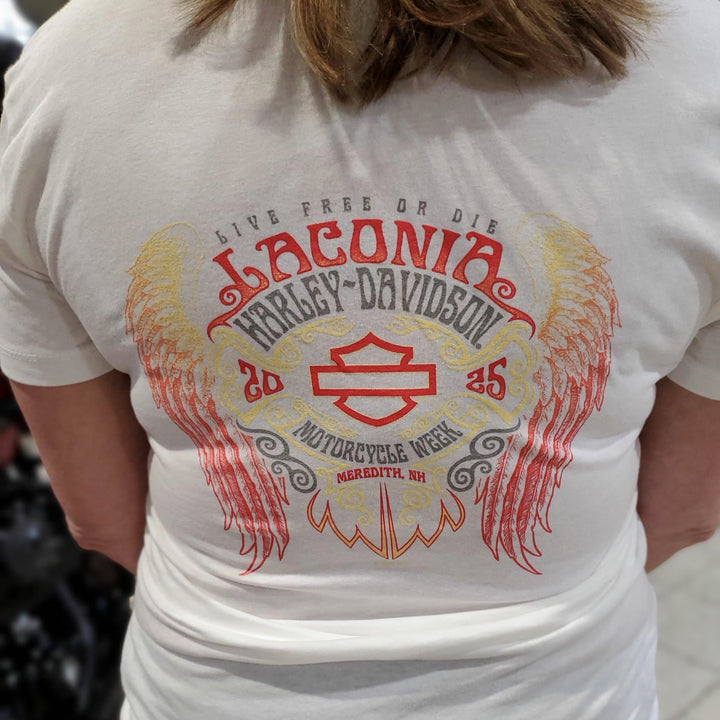 Laconia Motorcycle Week '25 Flourish Women's V-Neck T-Shirt White