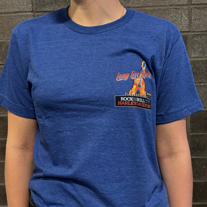 Rock-N-Roll City Flaming Guitar Short Sleeve T-Shirt Heather Royal Blue