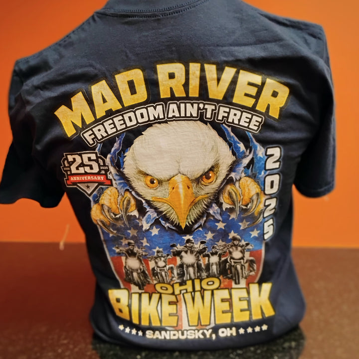 Mad River Ohio Bike Week '25 Ripped Eagle T-Shirt Navy