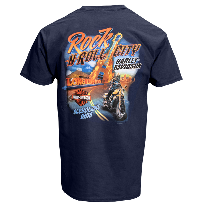 Rock-N-Roll City Flaming Guitar T-Shirt Navy